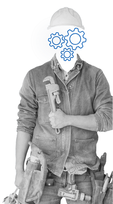 Worker holding a wrench with three gears in place of a head, illustrating a structured training workflow