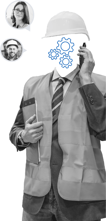 Professional in a vest holding a clipboard and phone, with gears in place of a head, illustrating multi-channel emergency notifications