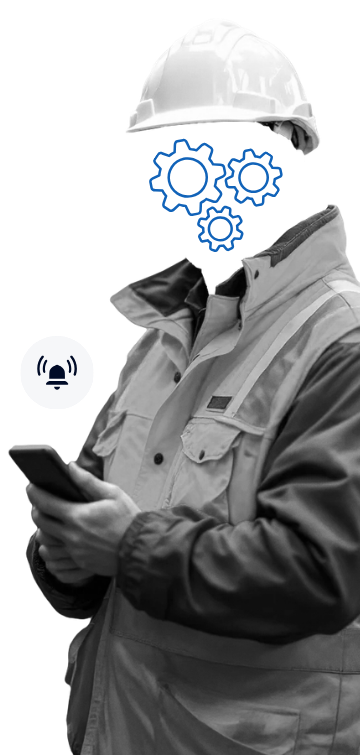 Worker in a safety vest checking a phone, with gears in place of a head, illustrating digital mustering