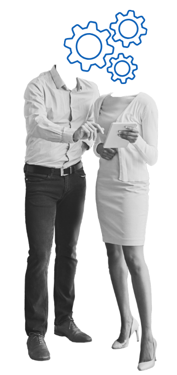 Two professionals reviewing a tablet, with gears in place of a head, illustrating drill performance tracking