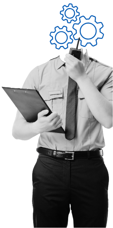 Security officer holding a clipboard and radio, with gears in place of a head, illustrating centralized compliance records