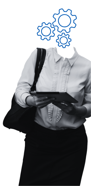 Professional holding a tablet, with gears in place of a head, illustrating corrective action tracking