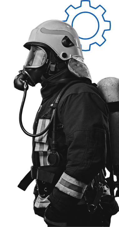 Firefighter in a respirator mask and gear, with a gear icon in place of a head, illustrating post-incident analytics