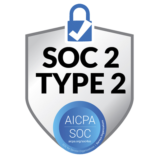 Gray shield badge featuring a lock symbol, labeled SOC 2 Type 2 and AICPA SOC logo.