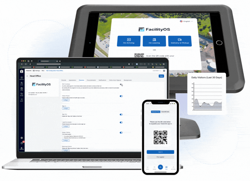 Laptop, tablet, and smartphone displaying the VisitorOS visitor management dashboard, digital sign-in screen, and live chat support widget.