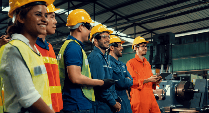 Workers in a machining factory smiling alongside factory visitors