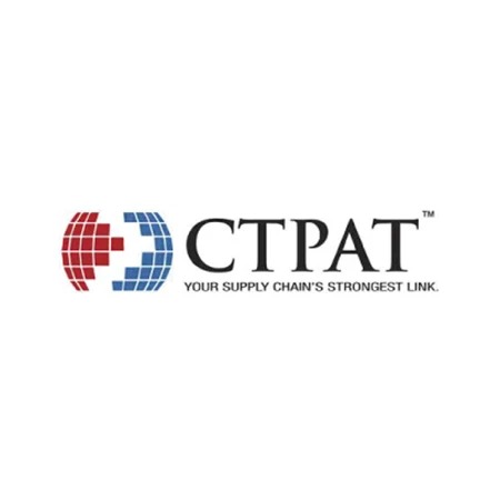 CTPAT logo featuring red and blue grid patterns with text emphasizing supply chain security.