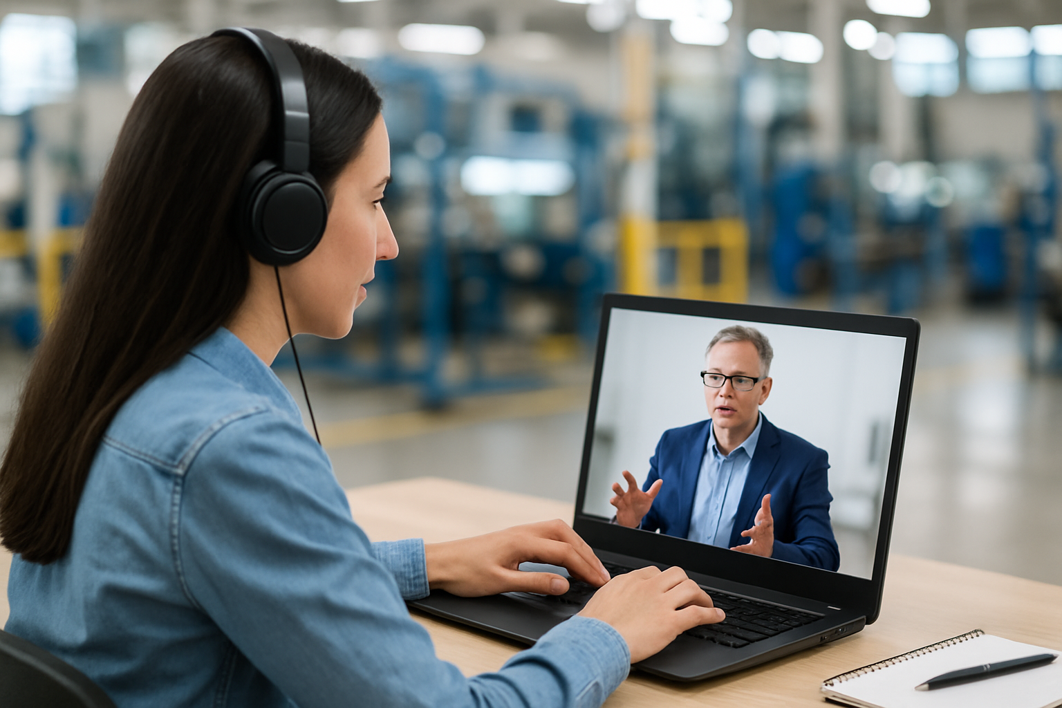 Create a stock image of a woman attending a webinar with a factory environment blurred out in the background  Do not include any text on the image-1