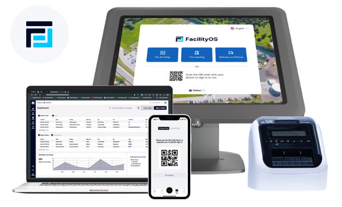 The FacilityOS platform across devices: a visitor check-in kiosk, laptop dashboard, mobile app, and badge printer
